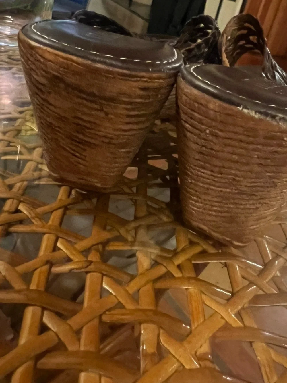 Italian Shoemakers Brown Woven Leather Wedge Sandals with Wood-Look Platform - Picture 4 of 4